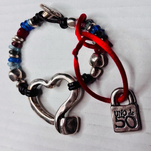 UNO DE 50 Bracelet Bare Heart Sterling Silver Leather Beaded Bracelet - Picture 3 of 5